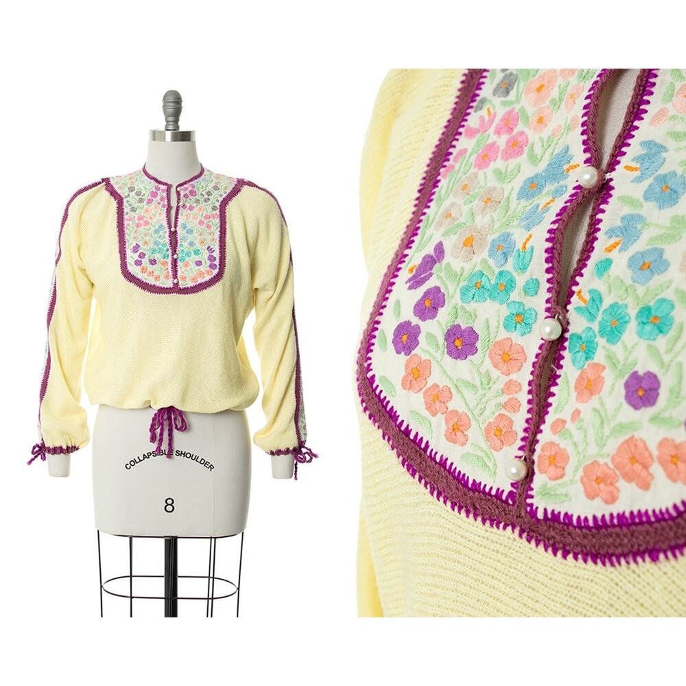 Vintage 1970s Sweater 70s Floral Embroidered Cream Knit Crochet Boho Top